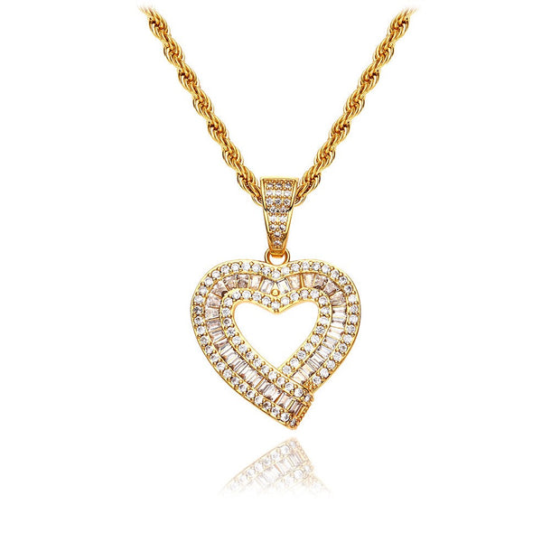 Double Row Baguette Heart Necklace Elegance in Gold or Silver