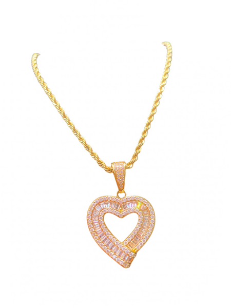 Double Row Baguette Heart Necklace Elegance in Gold or Silver