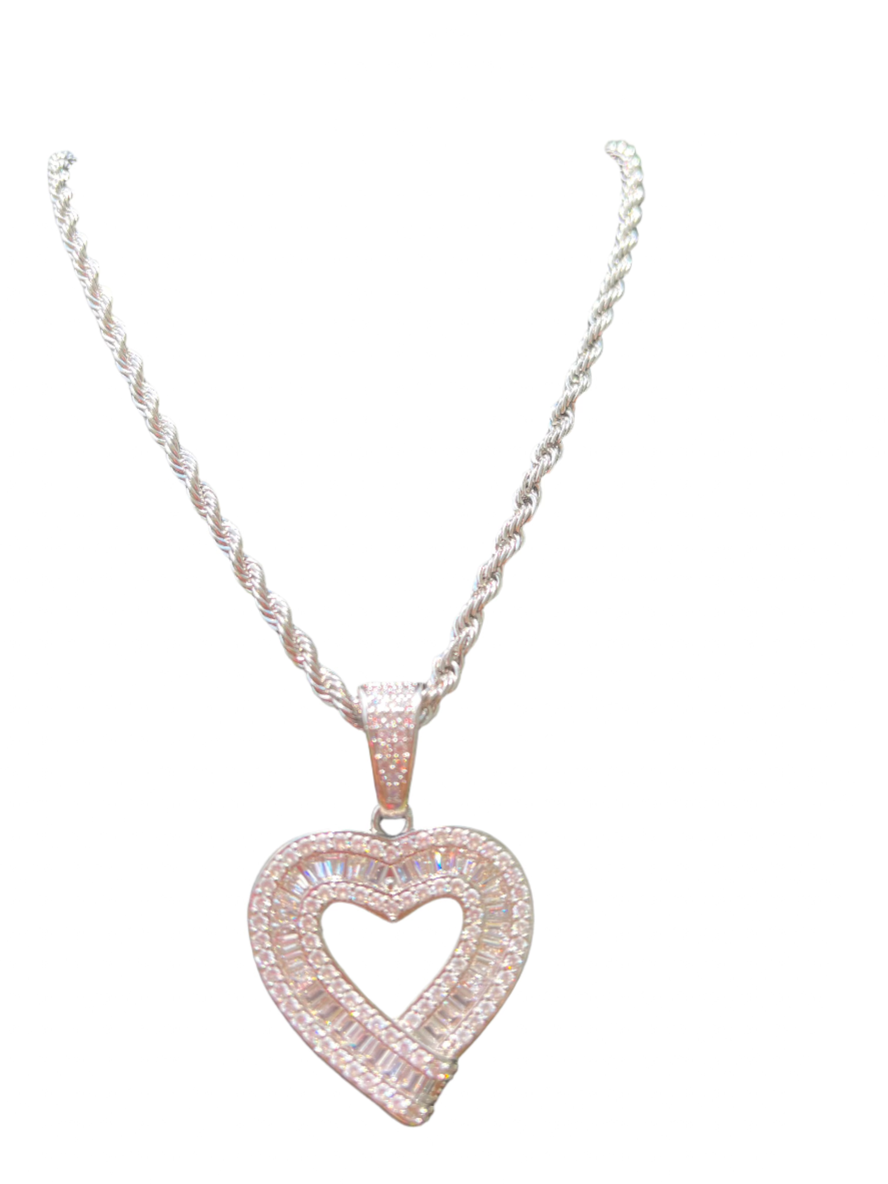 Double Row Baguette Heart Necklace Elegance in Gold or Silver