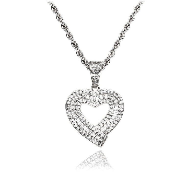 Double Row Baguette Heart Necklace Elegance in Gold or Silver