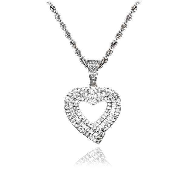 Double Row Baguette Heart Necklace Elegance in Gold or Silver