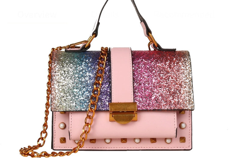 Lovely Sequin Chainbag Glam Glitter, Pearls, and Gold Chain Elegance