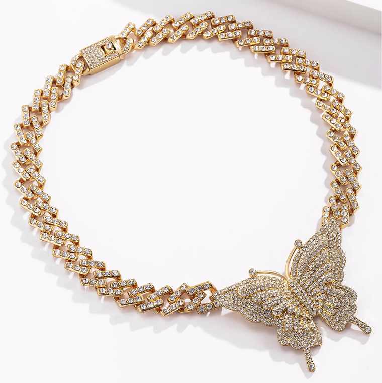 Butterfly Iced Cuban Chain Necklace – Glam, Sparkle & Statement Energy