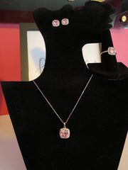 Pink Princess Cut Set Earrings Ring and Necklace