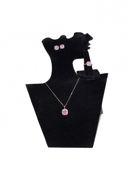 Pink Princess Cut Set Earrings Ring and Necklace